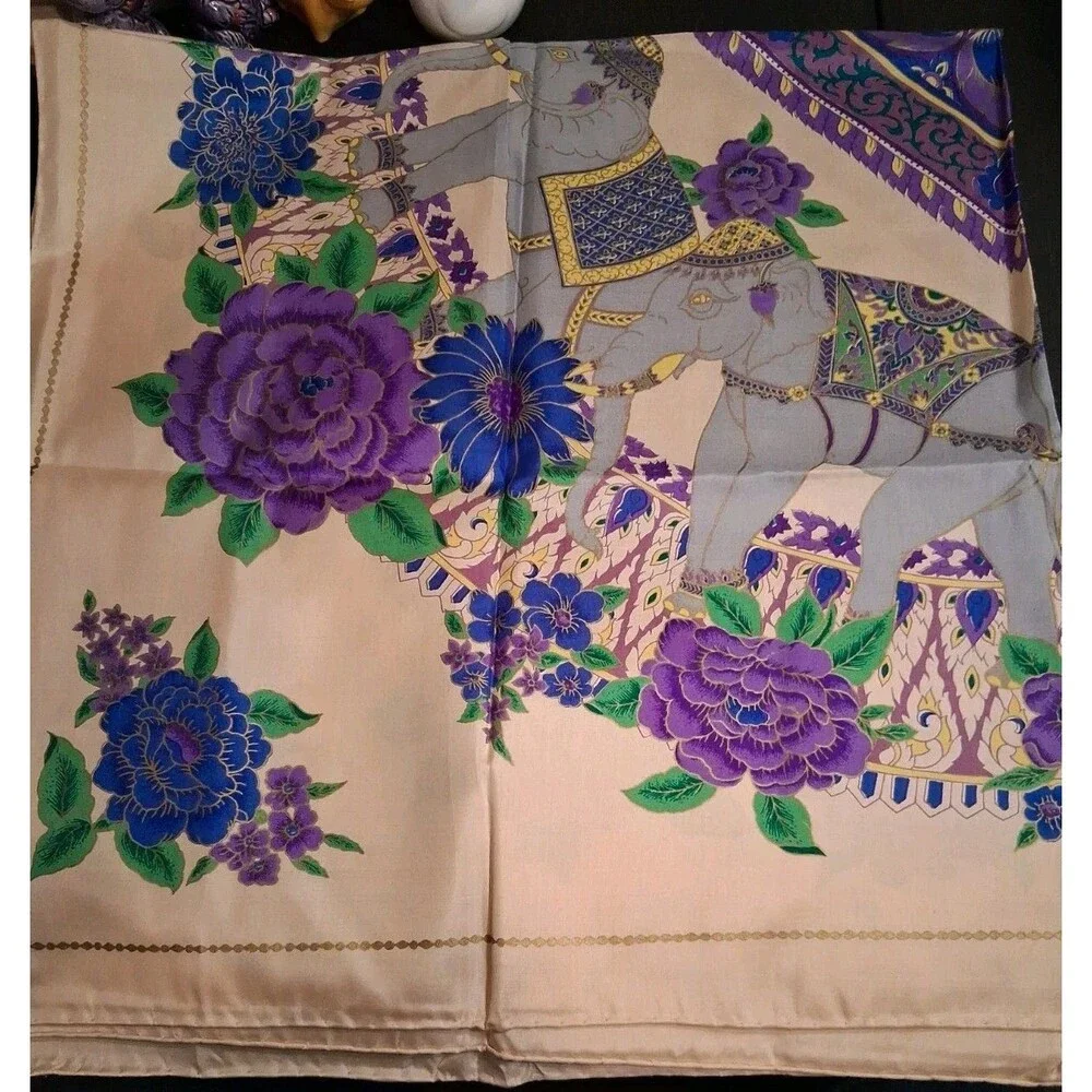 Vintage Thai Silk Scarf Elephants 100% Silk ~36